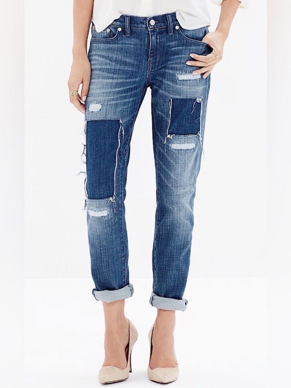 Madewell The Slim Boyjean Patchwork Jeans Denim Dark Wash Distressed 90s Size 30
